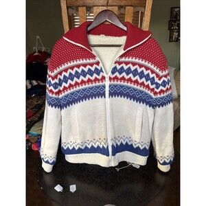 Vintage Fingerhut Red White Blue Knit Sweater Zip Jacket Coat Fleece Lining XL